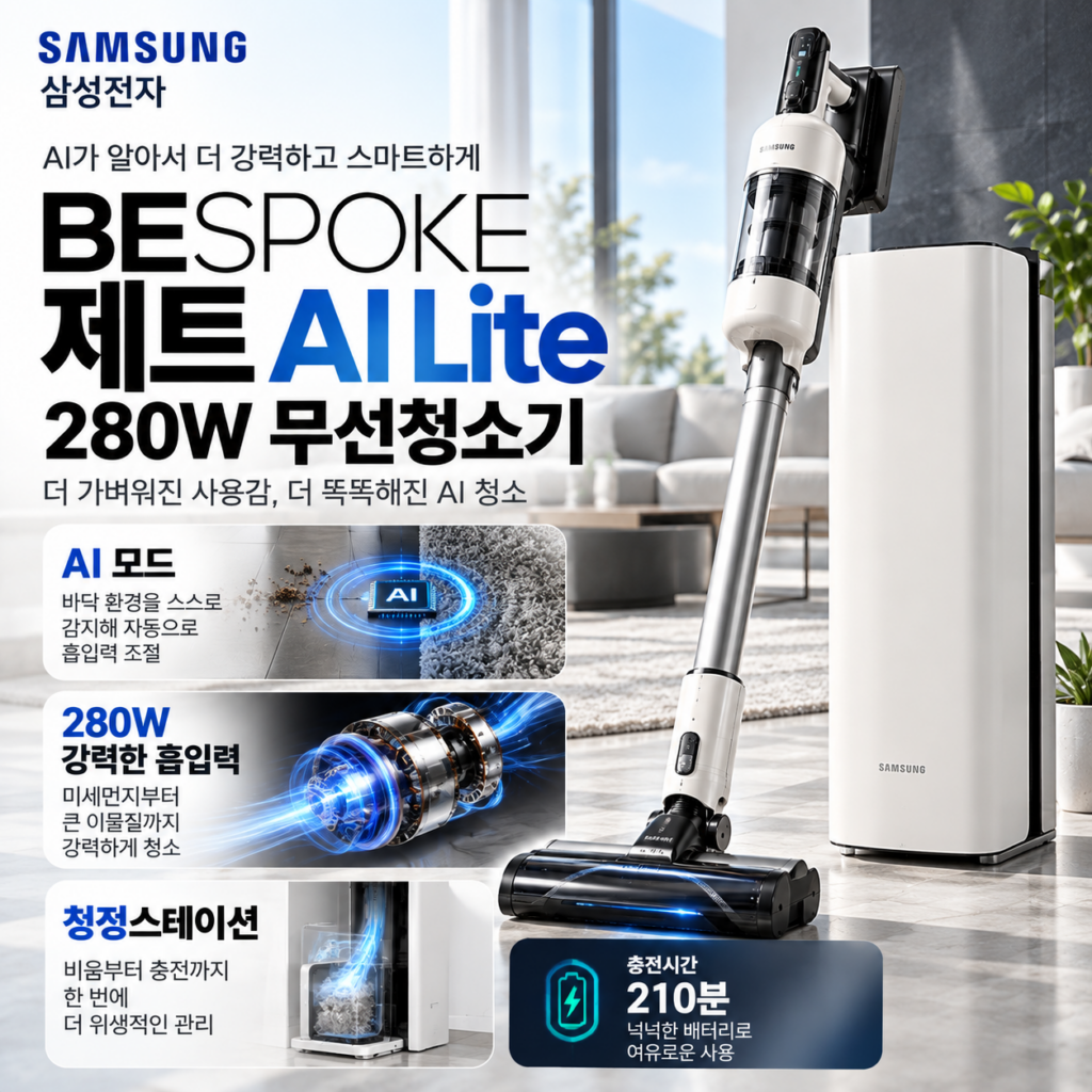 삼성전자 BESPOKE 제트 AI Lite 280W 무선청소기 VS28D950ACB 제품 이미지